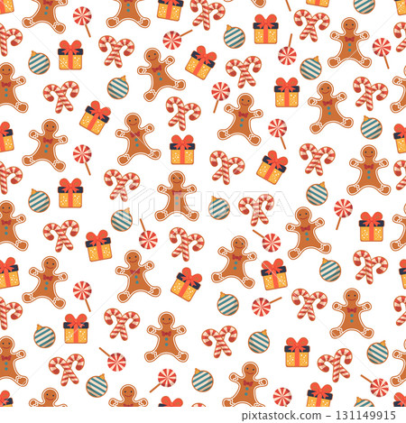 Christmas-themed seamless pattern with gingerbread, candy canes, gifts, and ornaments background Christmas-themed seamless pattern with gingerbread, candy canes, gifts, and ornaments background 131149915
