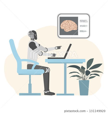 Robot working at desk using laptop and pointing at brain diagram, concept of artificial intelligence 131149920