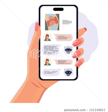 Female hand holding smartphone showing chat with digital assistant and user, concept of AI. Female hand holding smartphone showing chat with digital assistant and user, concept of AI. 131149921