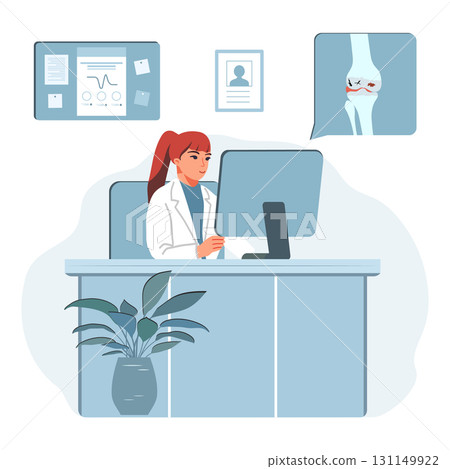 Doctor analyzing patient data on computer in medical office with diagram of knee joint pain 131149922