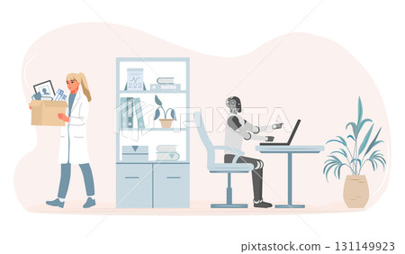 Robot working at desk while female scientist leaves lab carrying personal items. 131149923
