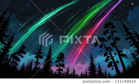 Magical Colorful Meteor Shower Lighting Up a Starry Night Sky Above a Dark Pine Forest 131149924