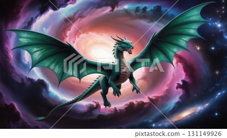 Majestic Green Dragon Soaring Through Colorful Cosmic Galaxy in Surreal Fantasy Universe 131149926