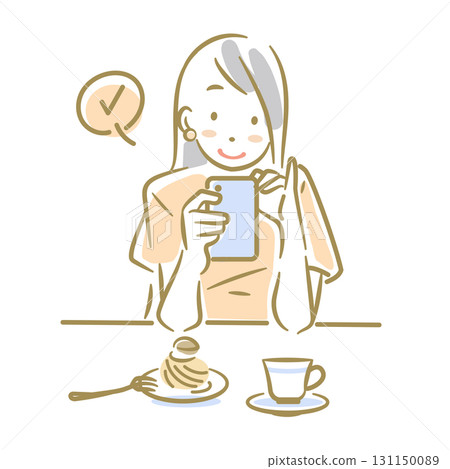 一位面帶微笑的女士在咖啡館操作智慧型手機。一幅柔和而時尚的線條畫。 131150089