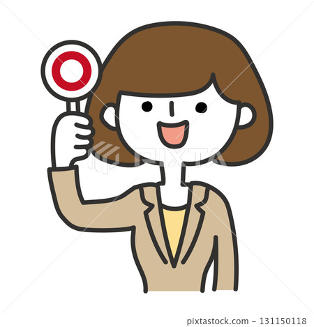 A woman raising a circle tag A woman raising a circle tag 131150118