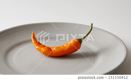 A single orange pepper sits on a white plate A single orange pepper sits on a white plate 131150412