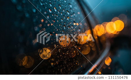 A blurry image of a car with raindrops on the windshield 131150476