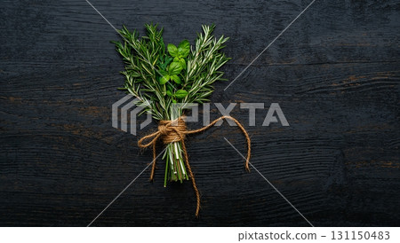 A bunch of herbs are tied together and placed on a wooden surface A bunch of herbs are tied together and placed on a wooden surface 131150483