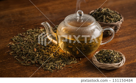 A tea pot with a tea bag in it sits on a table with a pile of tea leaves A tea pot with a tea bag in it sits on a table with a pile of tea leaves 131150484