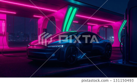 A futuristic car is parked at a charging station 131150493