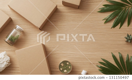 A wooden table with boxes and plants on it 131150497