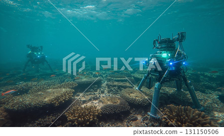 Two underwater robots are exploring the ocean floor 131150506
