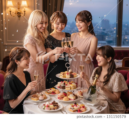 Girls' party toast with champagne 131150579