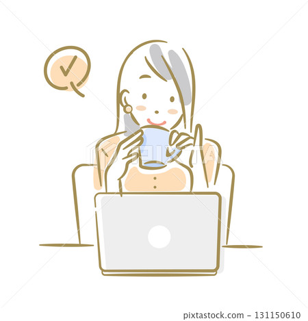 一位女士在筆記型電腦前微笑著喝咖啡。一幅柔和時尚的線條畫插圖 131150610