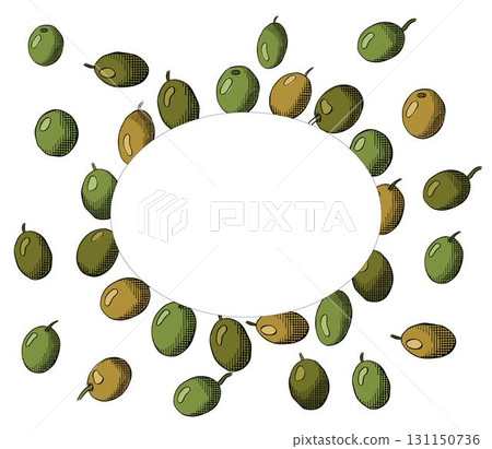 Hand drawn wreath with ripe Olive berry Oval frame template. Vector graphic line ink colored illustration. Banner, poster, wrapping paper, sticker, print, modern textile design. 131150736