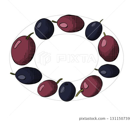 Olive black berry Oval template. Vector graphic line ink colored illustration. Fruitless rosemary, bay leaf circle frame for card, food cosmetic label Isolated line art from background Olive black berry Oval template. Vector graphic line ink colored illustration. Fruitless rosemary, bay leaf circle frame for card, food cosmetic label Isolated line art from background 131150739