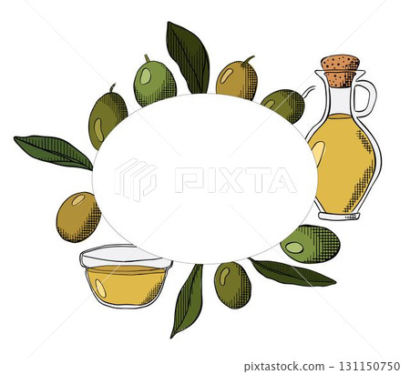 Olive oil, green berry and leaves Oval frame template. Vector graphic line ink colored illustration. Leaves and berry round frame. Extra virgin olive oil emblem, logo. 131150750
