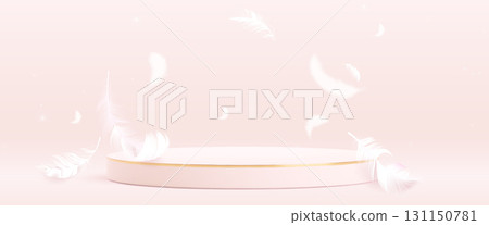 Pink podium with soft white feathers Pink podium with soft white feathers 131150781
