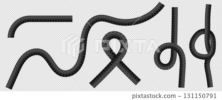 Black rope segments with knot formations isolated Black rope segments with knot formations isolated 131150791