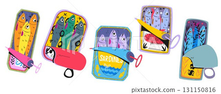 Sardine can retro set with colorful fish tins Sardine can retro set with colorful fish tins 131150816
