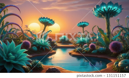 Magical Alien Oasis with Twin Suns and Exotic Glowing Plants in a Surreal Fantasy Landscape 131151157