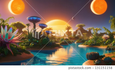 Fantasy Alien Oasis Landscape with Twin Suns, Vibrant Exotic Plants and Dreamlike Sky Fantasy Alien Oasis Landscape with Twin Suns, Vibrant Exotic Plants and Dreamlike Sky 131151158