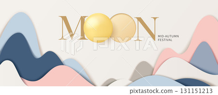 3D origami style full moon and mountains background, Mid-Autumn Festival banner, poster, flyer vector material picture 131151213