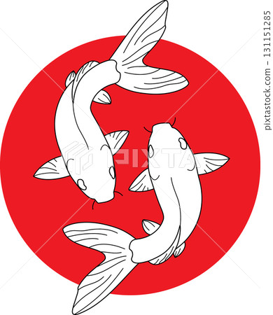 Hand drawn Koi carp on red background for auspiciousness of Chinese new year.Gold fish for festival on backdrops.Beautiful line art of koi fish. 131151285