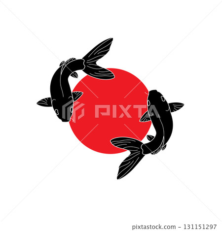 Vector Art of Two Koi Carp Fishes on Painted Red Circle Illustration. Designs for T-shirts, Tattoos, Stickers, Gaming Logos or Posters Vector Art of Two Koi Carp Fishes on Painted Red Circle Illustration. Designs for T-shirts, Tattoos, Stickers, Gaming Logos or Posters 131151297