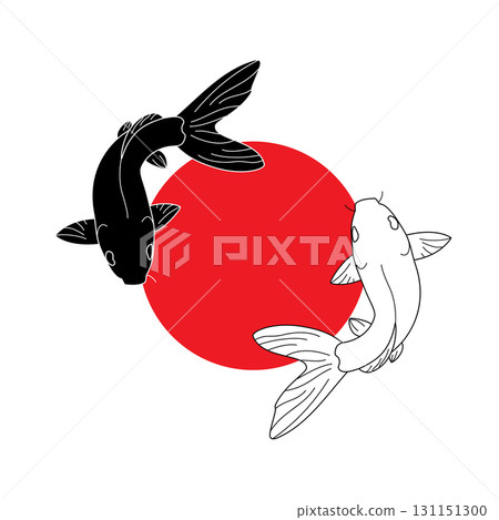 Two fish in a circle in the style of Japanese or Chinese painting, Sumi-e. Vector illustration. 131151300