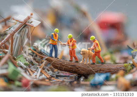 救援人員和搜救犬搜尋地震和颱風造成的損失（立體模型） 131151310