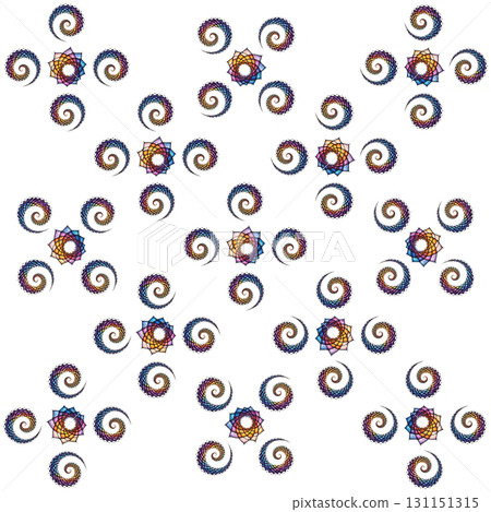 Abstract spiral and starburst motif composition. The abstract composition features repeating spiral and starburst motifs on a white background in a checkerboard pattern. Abstract spiral and starburst motif composition. The abstract composition features repeating spiral and starburst motifs on a white background in a checkerboard pattern. 131151315