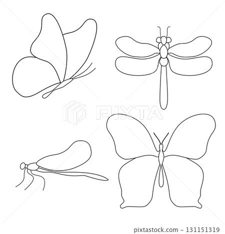 Set of stylized dragonflies and butterflies. Collection of linear flying dragonflies and butterflies. Vector illustration of on a white background. 131151319