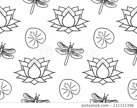 pattern of flowers, leaves, water lilies,flying dragonflies vector seamless illustration lotus line art pattern of flowers, leaves, water lilies,flying dragonflies vector seamless illustration lotus line art 131151396