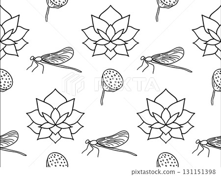 Vector seamless pattern with hand drawn blooming lotus flowers and leaves, dragonfly. Traditionsl oriental print. Best for textile. Vector seamless pattern with hand drawn blooming lotus flowers and leaves, dragonfly. Traditionsl oriental print. Best for textile. 131151398
