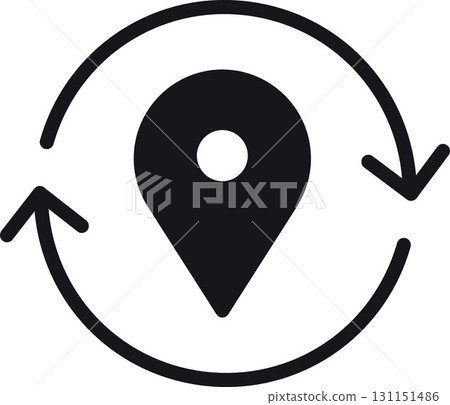 location, map, address icon Location pin with circular arrows symbolizing movement and navigation. location, map, address icon Location pin with circular arrows symbolizing movement and navigation. 131151486