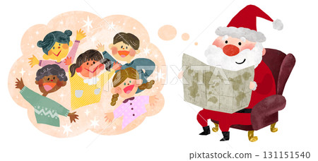 Illustration of Santa Claus looking at a map while imagining the joy of children all over the world 131151540