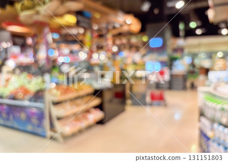 Grocery store aisle and shelves interior blurred background Grocery store aisle and shelves interior blurred background 131151803