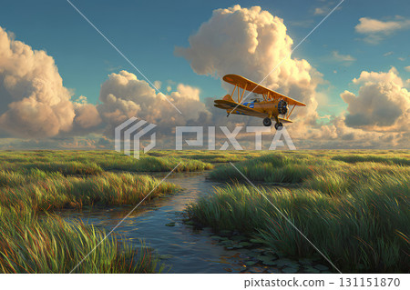 Biplane flying over the marshland-1 131151870