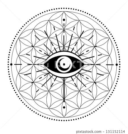 Mystical eye on Flower of Life, Sacred Geometry symbol, esoteric logo design, tattoo sign, vector illustration isolated on white background Mystical eye on Flower of Life, Sacred Geometry symbol, esoteric logo design, tattoo sign, vector illustration isolated on white background 131152114