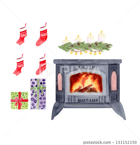 Burning fireplace, festive stockings, wrapped gifts, candles with pine garland holiday decor watercolor Christmas set. Ideal for greeting cards, posters, invitations, wrapping, seasonal designs 131152150