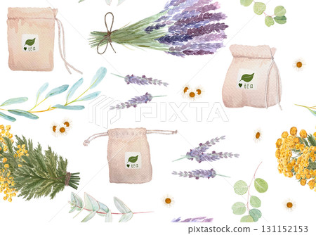 Herbal tea bags, lavender, eucalyptus, chamomile, and blue tansy flowers seamless watercolor pattern on white. Perfect for packaging, cosmetics, textile, wellness branding, eco-friendly product decor. 131152153