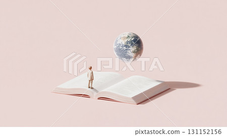 地球漂浮在書籍和學生剪影上方_3D 地球漂浮在書籍和學生剪影上方_3D 131152156