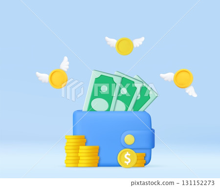 3D Wallet with Flying Coins and Wings. 131152273