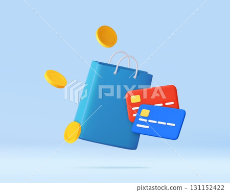 3D shopping bag with credit cards and coins 131152422