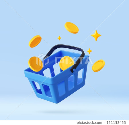 3D Shopping Basket with Coins and Sparkles 131152433