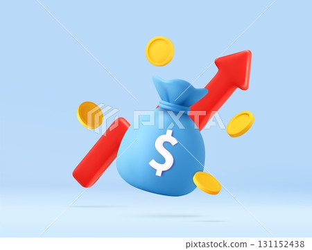 3D Flying Money Bag with Arrow and Coins. 131152438