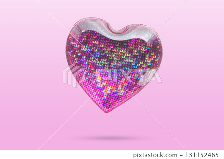 Pink heart shape hologram sticker flying on pink background Pink heart shape hologram sticker flying on pink background 131152465