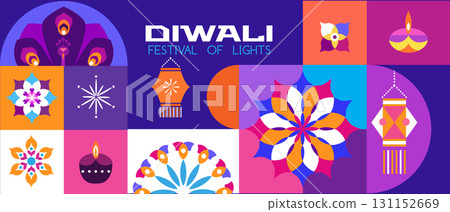 Traditional Indian festival Diwali. Happy Festival of lights Deepavali, peacock, rangoli Template  banner  Festive Burning diya background Vector abstract icon  illustration 131152669