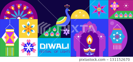 Traditional Indian festival Diwali. Happy Festival of lights Deepavali, peacock, rangoli Template  banner  Festive Burning diya background Vector abstract icon  illustration 131152670